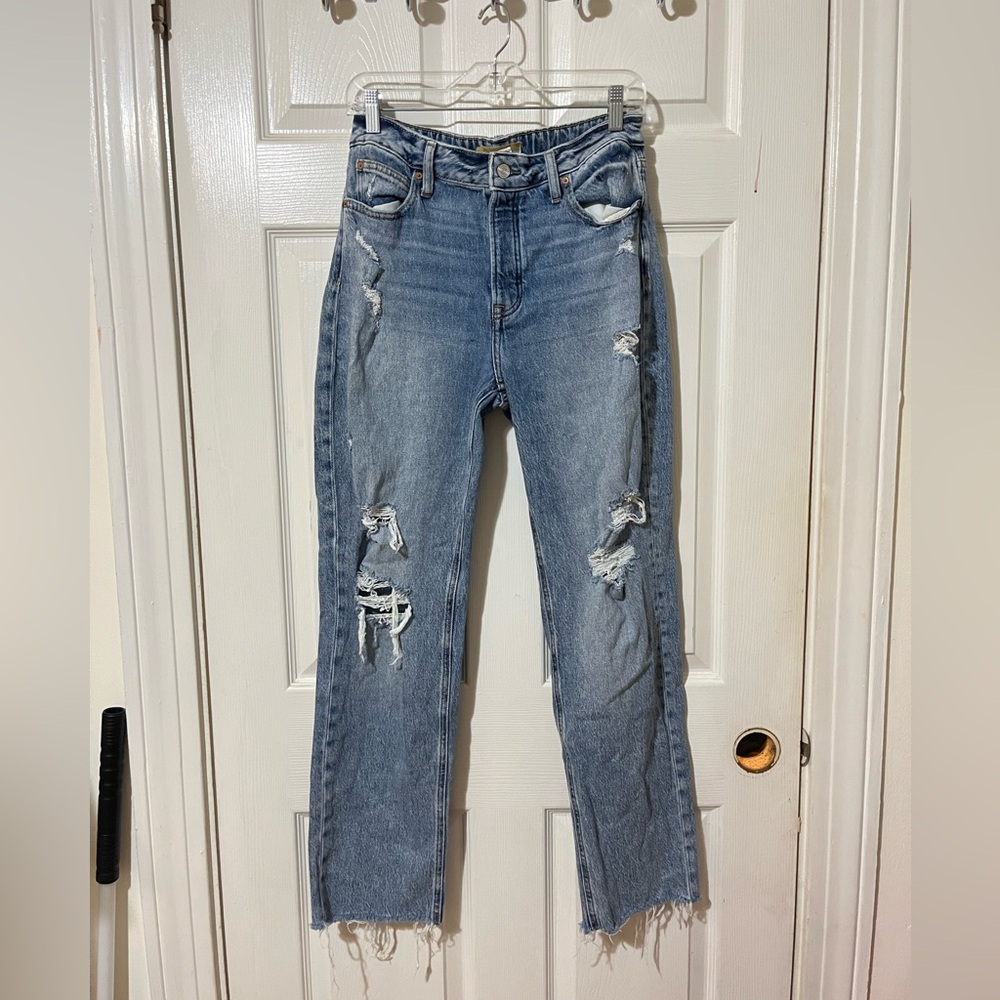 Classic Distressed Straight Leg Jeans in Blue